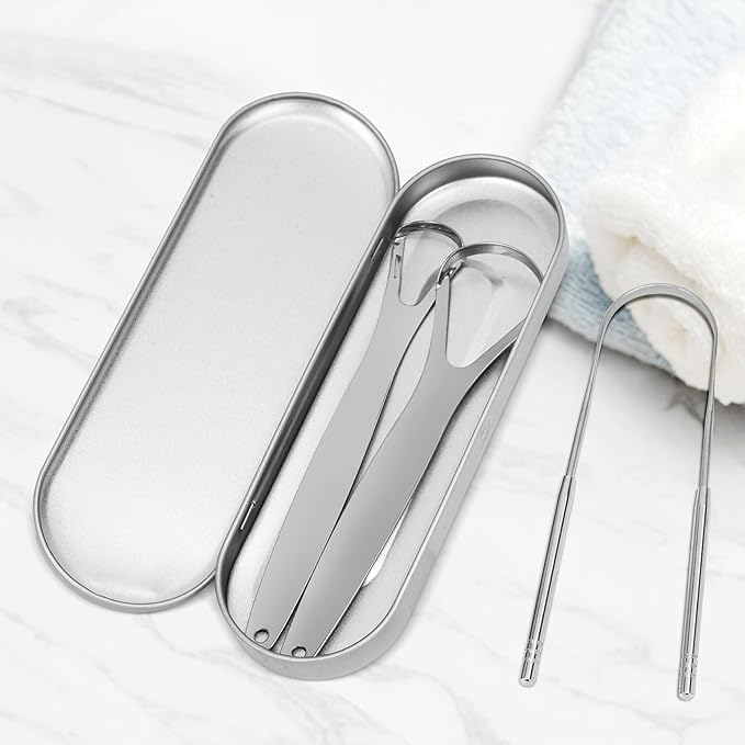 3-Pack Tongue Scraper with Travel Case (Silver), Reduce Bad Breath, Metal Tongue Scraper, Tongue Cleaner, Tongue Scraper, Tongue Cleaner for Adults