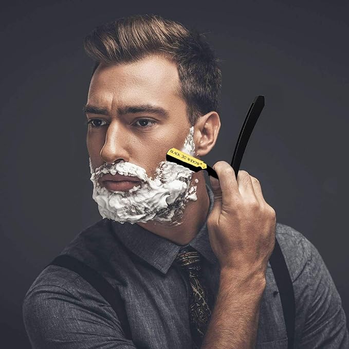 Black Widow Professional Straight Razor – Matte Black & Gold Barber Razor for Men – 1.5 mm Exposure, Swing Lock Grip, Stainless Steel Shavette for Barbers & Beginners pack of 10 blades
