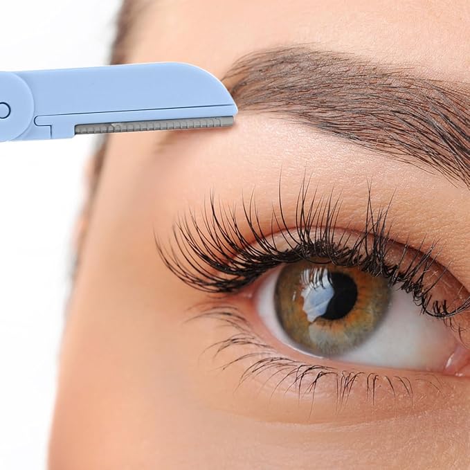 FOMIYES 10Pcs Foldable Stainless Steel Eyebrow Razors for Women, Portable Facial Hair Removal Trimmer with Plastic Handle, Blue