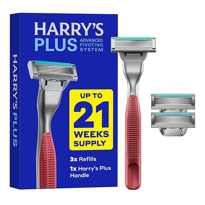 Harry's Plus Razor Shaving Kit for Men - Premium Handle and 3 Razor Blade Cartridges - Advanced Pivoting System - Clay
