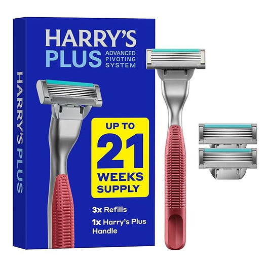 Harry's Plus Razor Shaving Kit for Men - Premium Handle and 3 Razor Blade Cartridges - Advanced Pivoting System - Clay