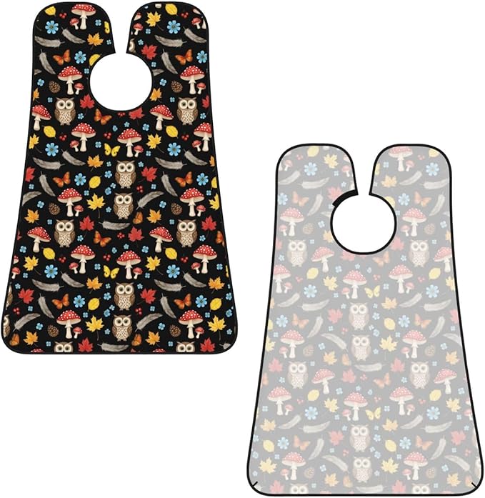 Beard Bib Apron for Men Shaving, Waterproof Non-Stick Hair Catcher with Suction Cups, Grooming Essential for Dad Husband, Owl Mushroom Fall Leaves Shave Bib