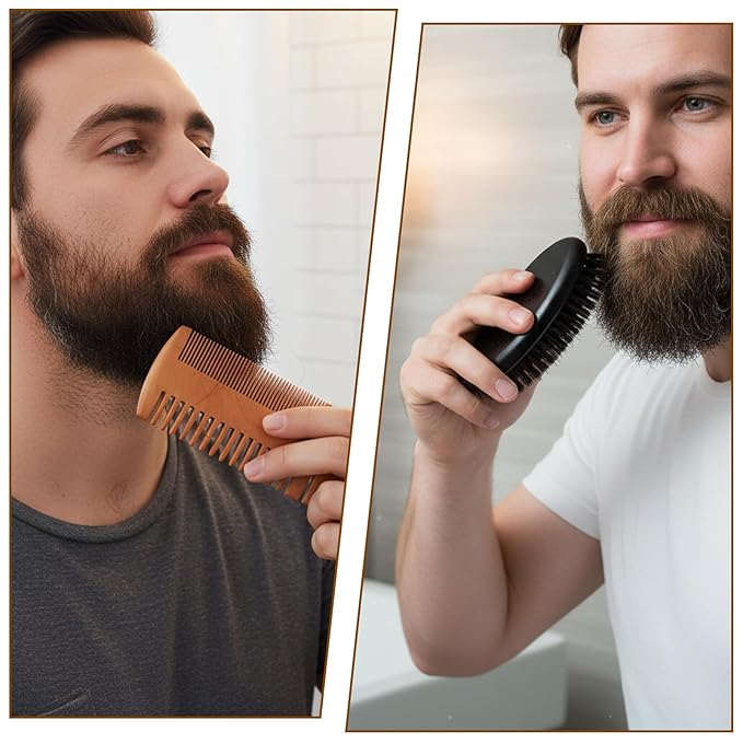 Boar Bristle Beard Brush for Men, Beard Comb Dual-Sided Wood Comb Mustache Shaving Brush Beards Grooming Tools with Travel Pouch