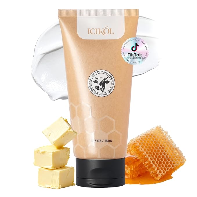 Organic Beef Tallow Honey Balm, Whipped Moisturizer for Face and Body, Grass Fed Beef Tallow for All Skin, Safe Natural Edible Grade Ingredients, Pure Unscented Cream, Day Night Skincare, 5.3 oz