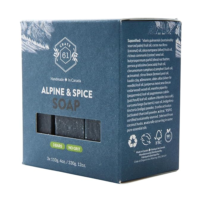 Crate 61 Organics, Handmade in Canada, Plant Based Cold Process Natural Bar Soap For Face And Body, With Premium Essential Oils, For Men And Women 3 Pack (Alpine & Spice)
