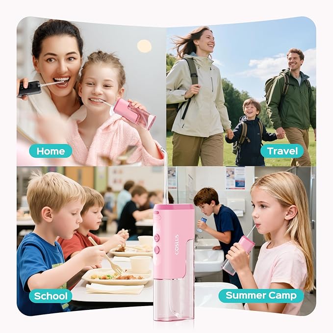 COSLUS Portable Water Flosser for Kids: 4 Gentle Modes for Ages 6+, Braces & Sensitive Teeth - with Fun DIY Stickers, 4 Storable Nozzles, Mini Compact for Home School & Travel Use, BPA-Free, Pink