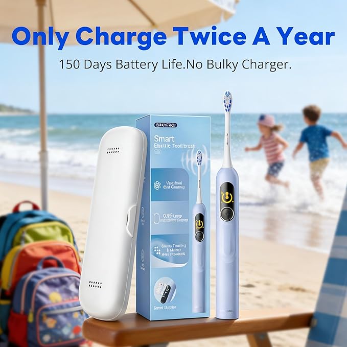 Kids Electric Toothbrush for Boys Teens (6-15Y), Smart Screen with Brushing Score, Soft Bristles, Visual Timer for Braces, 150 Days Battery with Travel Case (Blue)