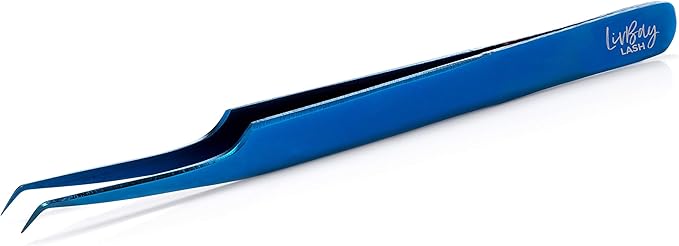 LivBay Lash - Blue Magic Eyelash Stainless Steel Tweezer for Volume Lash Extensions | Curved Tip | False Lash Applicator Tool (Professional Use Only)