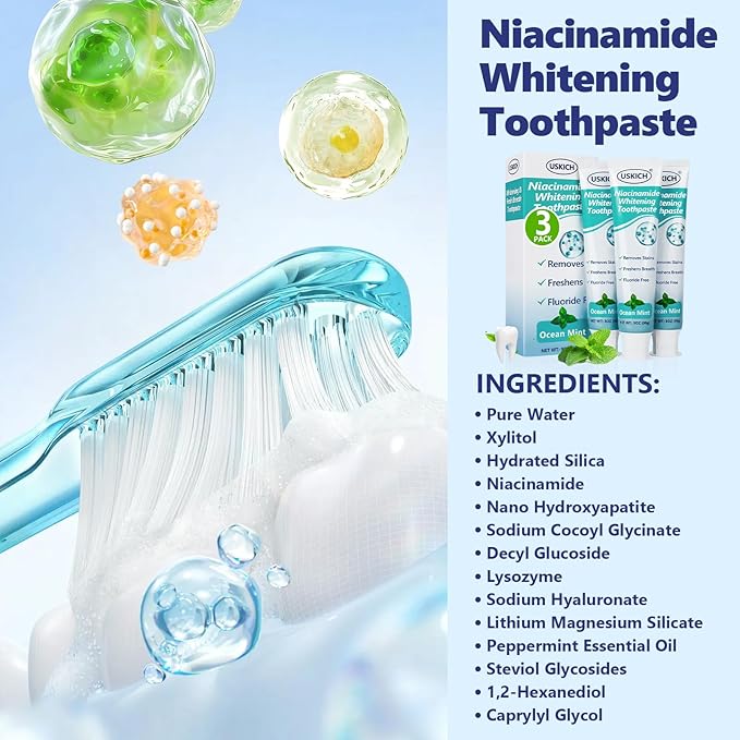3 Pack Niacinamide Whitening Toothpaste,Natural Whitening Fluoride Toothpaste, Nicotinamide White Toothpastes with Ocean Mint,Deep Cleaning Care,3 Oz Tubes