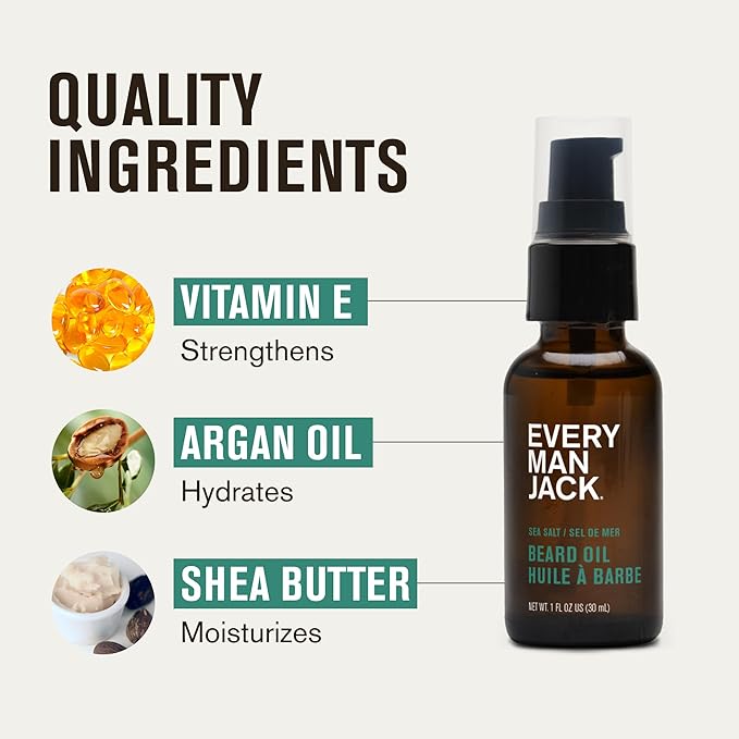 Every Man Jack Men's Beard Oil - Sea Salt Fragrance - Deeply Moisturizes and Softens Your Beard and Adds a Natural Shine - Naturally Derived with Shea Butter and Argan Oil - 1 fl oz