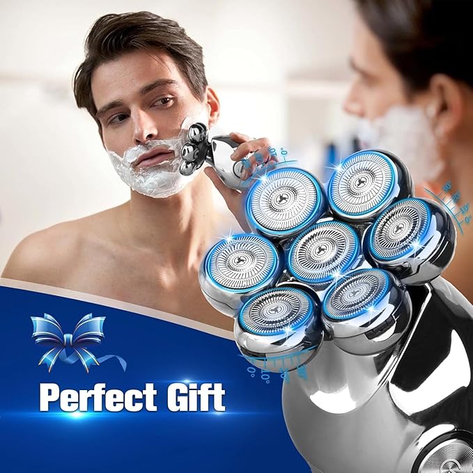 Electric Shaver for Bald Men, 6 in 1 Floating Head Razor with Nose Hair, Sideburns Trimmer, Face Brush, Upgrade 7D Electric Razor for Men with Type-C Charger, LED Display & Waterproof