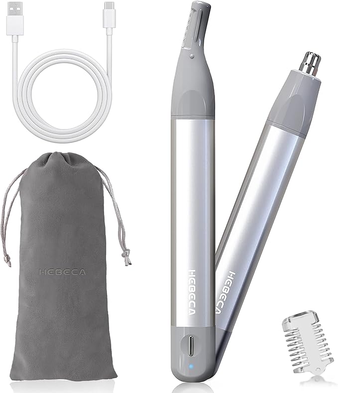 Nose Hair Trimmer for Men Women 2in1 Facial Hair Removal Trimmer - Metal Body, Rechargeable, Waterproof, Portable - Nose, Ear, Eyebrow, Peach-Fuzz, Lips, Chin (Silver)