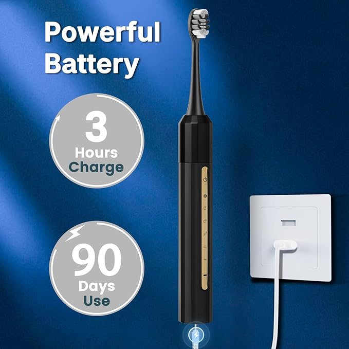 Sonic Electric Toothbrush with 10 Brush Heads for Adults and Children, Up to 90 Days on a Single Charge, 5 Modes, Built-in 2-Minute Smart Timer, IPX8 Waterproof Electric Toothbrush (Black)