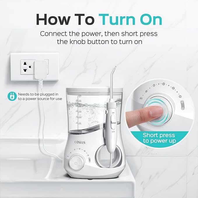 COSLUS E1 Electric Water Flosser for Teeth: Professional Dental Pick for Orthodontic, Sensitive Gums, Braces - 12 Pressure Settings & 5 Multi-Functional Tips for Multiple Users, Home Use, White
