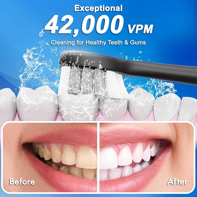 Sonic Electric Toothbrush for Adults and Kids, Comes with 10 Brush Heads & Travel Case, 5 Modes with 2 Minutes Built in Smart Timer, One Charge for 90 Days, 42,000 VPM Motor (Black)