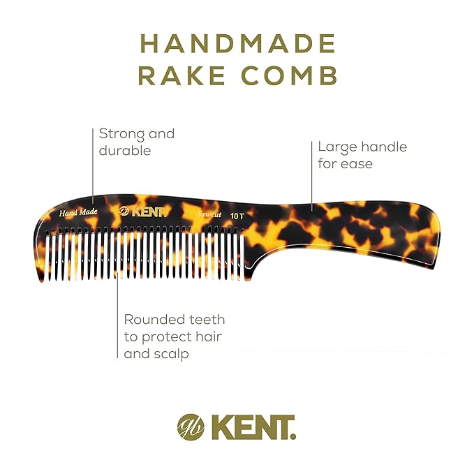 Kent 10T TY Large Wide Tooth Detangler Comb - Handmade Rake for Curly, Wet or Dry Thick Hair - Smooth and Comfortable Saw Cut Design for Detangling