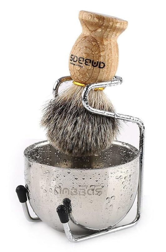 Anbbas Badger Hair Shaving Brush with Wooden Handle Stainless Steel Shaving Stand and Shaving Soap Bowl for Men Wet Shave
