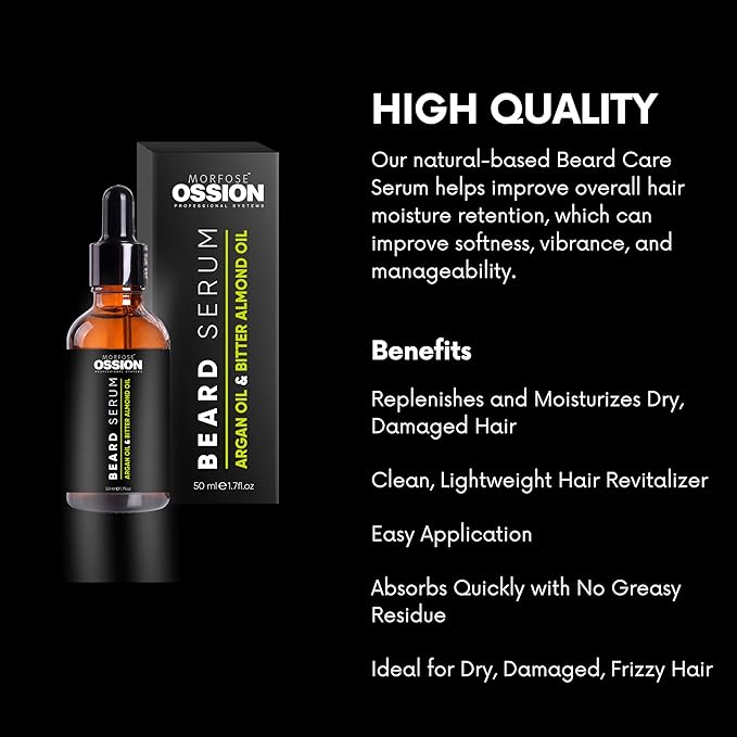 Morfose Ossion Beard Care Serum, Promotes Healthy Hair Growth, Fuller, Longer and Thicker Beard, Alleviates Itches, Eliminates Beardruff, Enriched with Argan and bitter Almond Oil, 50ml
