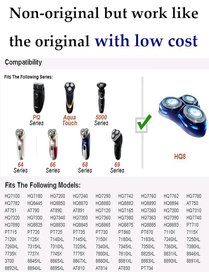 HQ8 Replacement Heads for Philips Norelco Shavers, OEM HQ8 Heads Upgraded, 6-Pack
