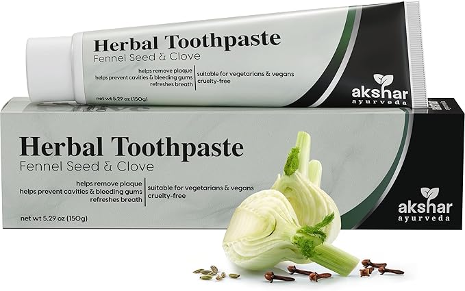 AKSHAR Ayurveda Herbal Ayurvedic Natural Toothpaste – Fluoride Free Toothpaste for Kids & Adults – Fennel Seed & Clove Flavor – Cruelty Free, Vegan, Vegetarian, Anti-Plaque Tooth Paste (5.29 oz)