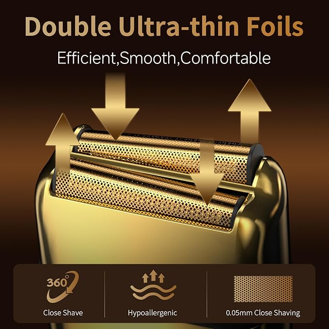 Electric Foil Shaver for Men,Electric Razor with Pop-up Trimmer,Cordless Beard Trimmer,Waterproof,Wet & Dry Shaving,LED Display,2-Speed Mode (Gold)