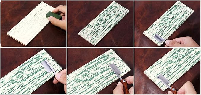 Double side 8" x 3" Leather Strop with Dual-sidedt Tape, Green & White Polishing Compound Kit for Honing & Sharpening Knives, Kitchen & Chef Knives, Straight razor, Wood Carving Chisels