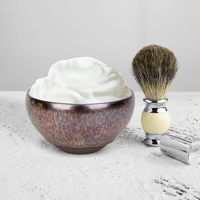 Linkidea Ceramic Shaving Bowl for Men, Jian Zhan Glaze Wet Shave Mug, Traditional Shaving Soap Lather Bowl (Purple)
