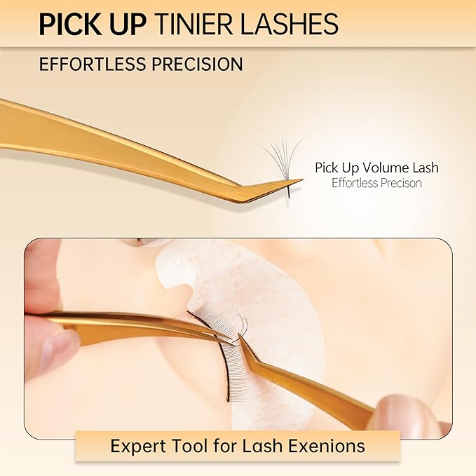 MGER Lash Tweezers for Eyelash Extension-Professional Lashing Tweezers for Mega Volume Mink Eyelashes Extensions Applying, Gold tweezers