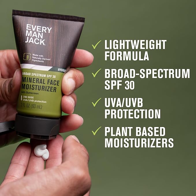Every Man Jack Men's Mineral Face Lotion w/Broad Spectrum SPF 30 Sunscreen w/Zinc Oxide - Dermatologist Tested UVA/UVB Protection - Daily Moisturizer to Protect & Relieve Dry Skin - 2 Fl Oz (2 Pack)