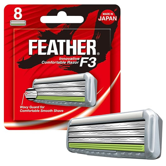 Feather - F3 Razor Blades Refills - Wavy Guard with SiC Ceramic Technology for Smooth Shave - Reduces Irritation and Razor Burns - 8 Pack