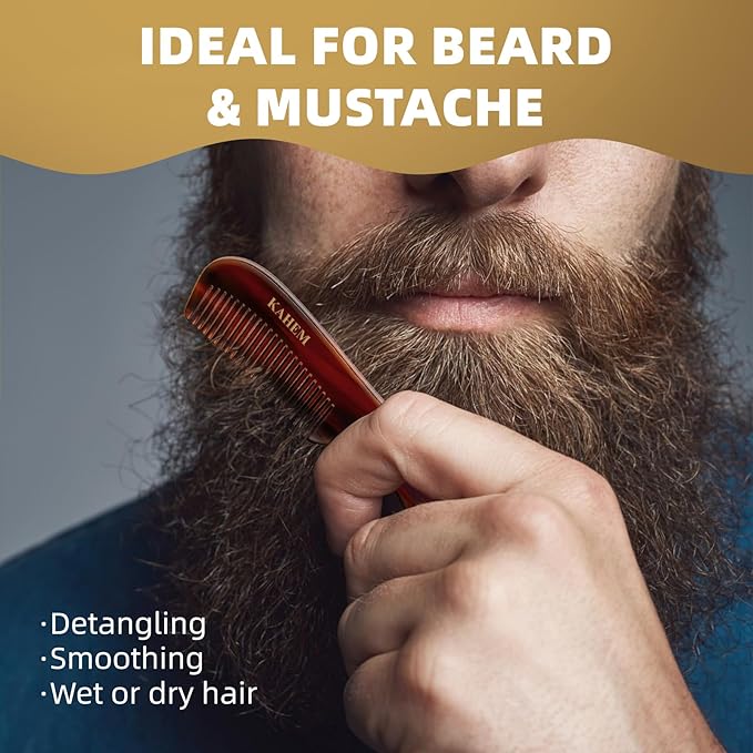 KAHEM Beard and Mustache Comb for Men, 4.72 Inch Fine Tooth Hair Comb for Short Facial Hair Grooming, Pocket Styling Comb, Hand-Made of Quality Cellulose Acetate