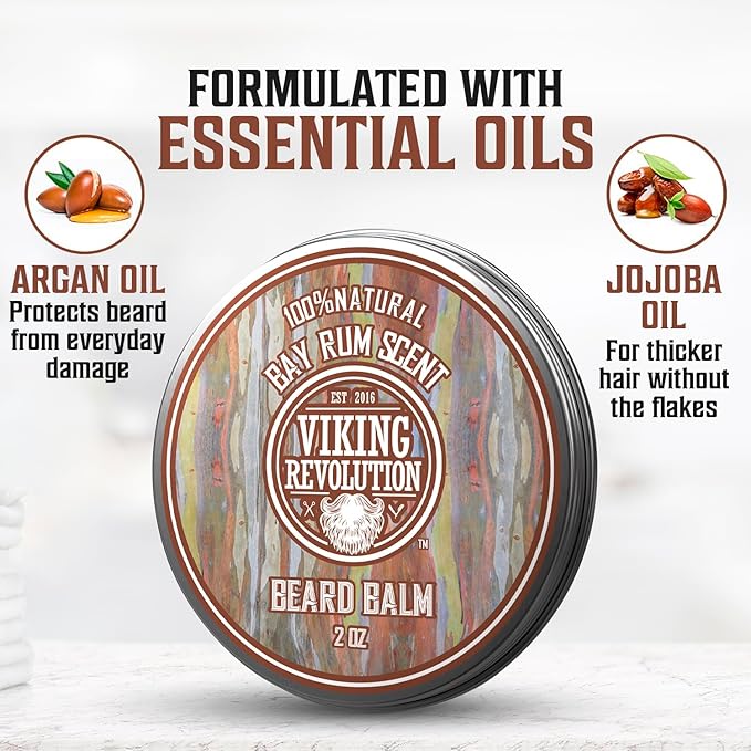 Viking Revolution Bay Rum Beard Balm - Beard Butter with Argan Oil & Jojoba Oil - Softener, Moisturizer & Wax for Men (2oz, 1 Pack)