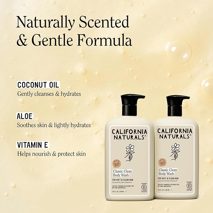 California Naturals Classic Clean Vanilla Bloom Body Wash 2-Pack, Daily Cleansing Body Wash for Soft Healthy Skin, Naturally Scented, Vegan, Cruelty, Paraben & Sulfate Free, 20 oz
