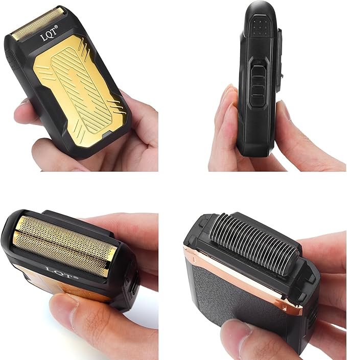 LQTⓇ Mini Foil Shaver, Portable Cordless Electric Shaver for Men, Equipped with a Set of Replacement Heads, USB-C Charging Cable, and Cleaning Brush, Suitable for Travel and Home use. (Golden)
