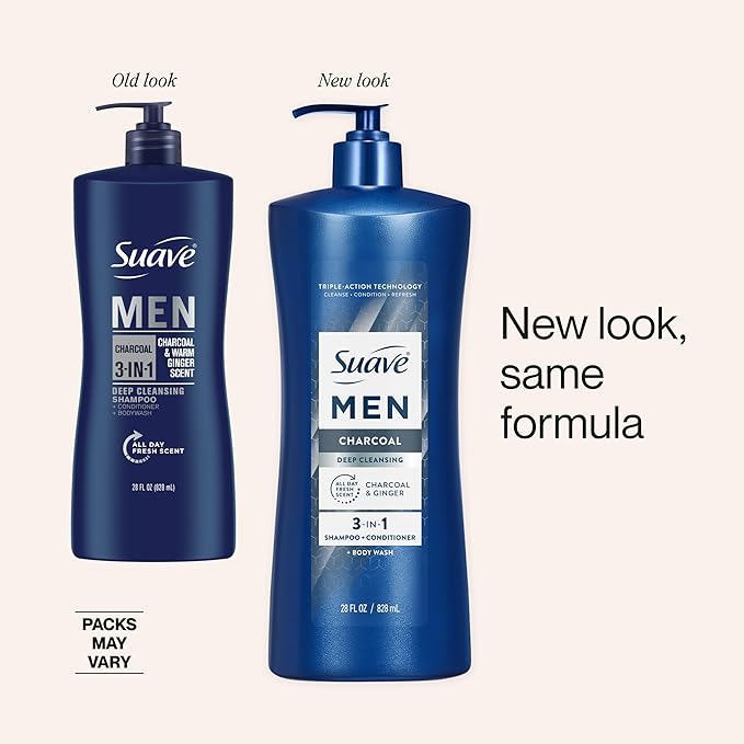Suave Men Deep Cleansing 3 in 1 Shampoo, Conditioner & Body Wash with Charcoal Powder, Detoxifies & Cleanses Hair & Skin, Removes Oil & Impurities, 4 Count, 28 FL OZ Pump