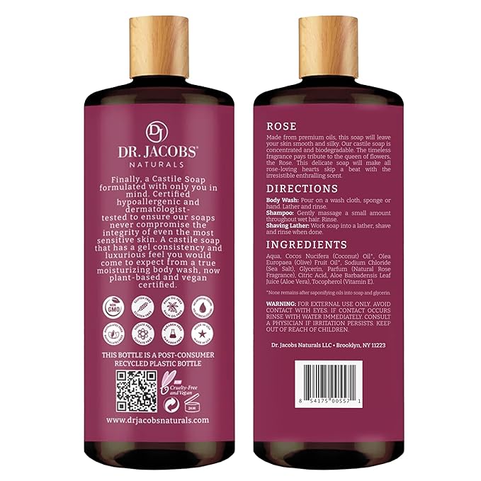 Dr. Jacobs Naturals Pure Castile Soap Liquid Body Wash, Rose - Plant Based Body Soap Infused with Vitamin E and Aloe Vera to Moisturize Dry and Sensitive Skin - Made in The USA - 32 oz, Pack of 2