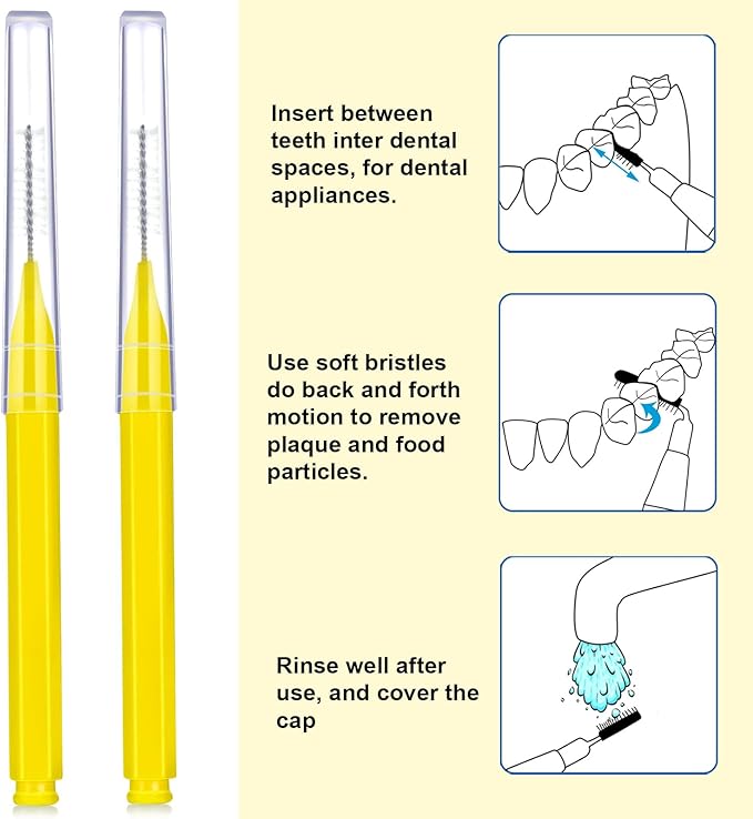 Patelai 100 Pieces Braces Brush for Cleaner Interdental Brush Toothpick Dental Tooth Flossing Head Oral Dental Hygiene Flosser Toothpick Cleaners Tooth Tool(Yellow,Portable Size)