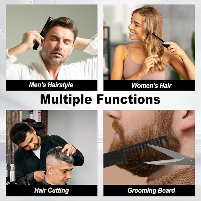 Protable Pocket Comb for Men, 3 In 1 Folding Comb, Fine Tooth and Wide Tooth Small Combs for Everyday Grooming, Combing Hair, Beards and Mustaches (Black, Plastic)