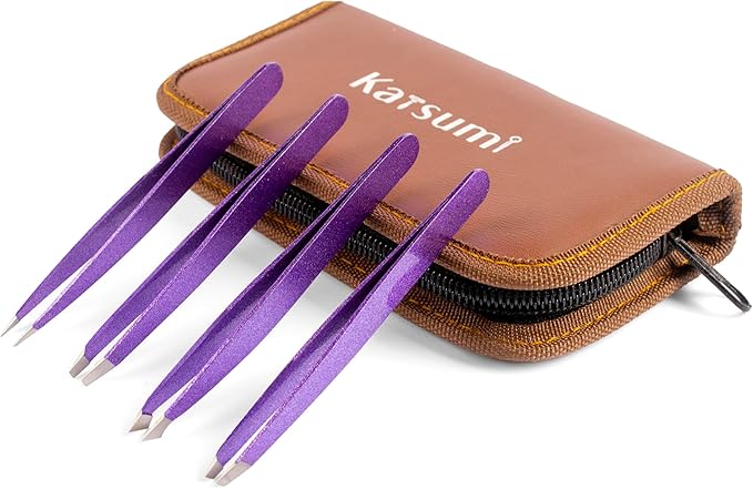 Katsumi Pinnacle 4-Piece Tweezers Set – Precision Stainless Steel Tweezers for Eyebrows, Facial Hair, Ingrown Hair, Splinters – Professional Beauty Kit Purple Glitter