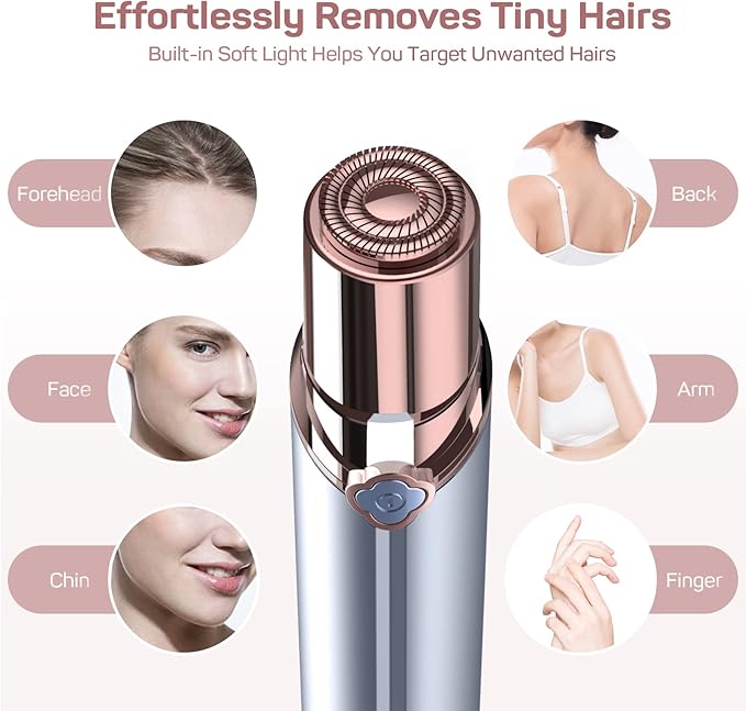 Facial Hair Remover for Women's Face Chin Lip Mustache Neck Armpit Peach Fuzz, Gurelax Electric Painless Hair Removal Device with 2 Replacement Heads