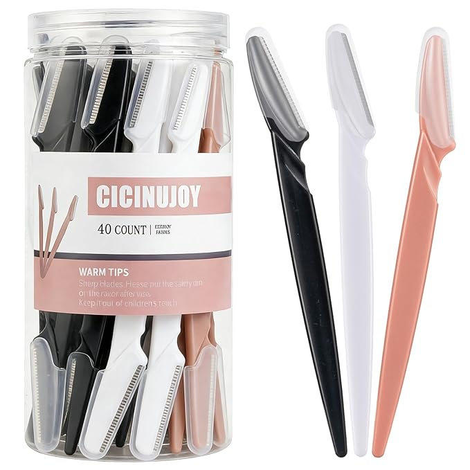 40pcs Eyebrow Razor for Women, Face Shaver Kit Dermaplaning Tool for Peach Fuzz Removal, Stainless Steel Blades with Protective Covers | Eyebrow Trimmer, Facial Hair Removal(Black White Brown)