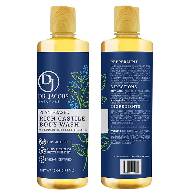 Dr. Jacobs Naturals Pure Castile Soap Liquid Body Wash, Peppermint - Plant Based Soap Infused with Vitamin E and Aloe Vera to Moisturize Dry and Sensitive Skin - Made in The USA - 16 oz, Pack of 2