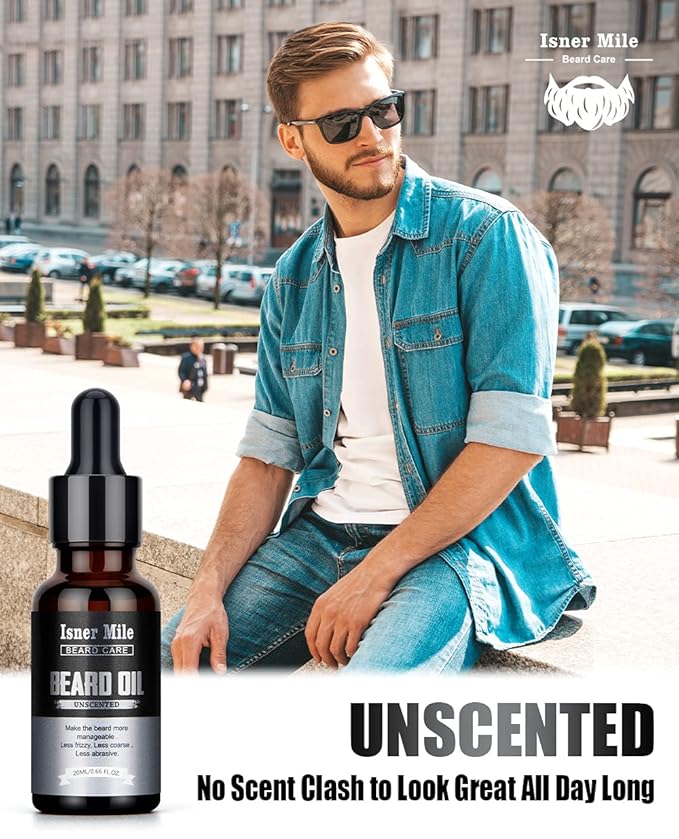 ISNER MILE Beard Oil Kit Stocking Stuffers: Gifts for Men Him Dad Boyfriend, Mustaches Conditioner - Soften - Strength with Sandalwood, Bay Rum, Vanilla, Cologne, Unscented, Beard Grooming and Care