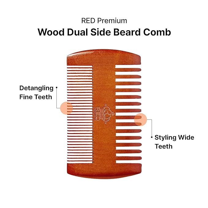 RED by Kiss Premium Wood Men Dual Side Beard Comb, Easy Detangling and Styling, Durable Design for Gentle Beard Hair & Mustache Grooming Essential, No Snagging & Pulling, Maximize Conditioning