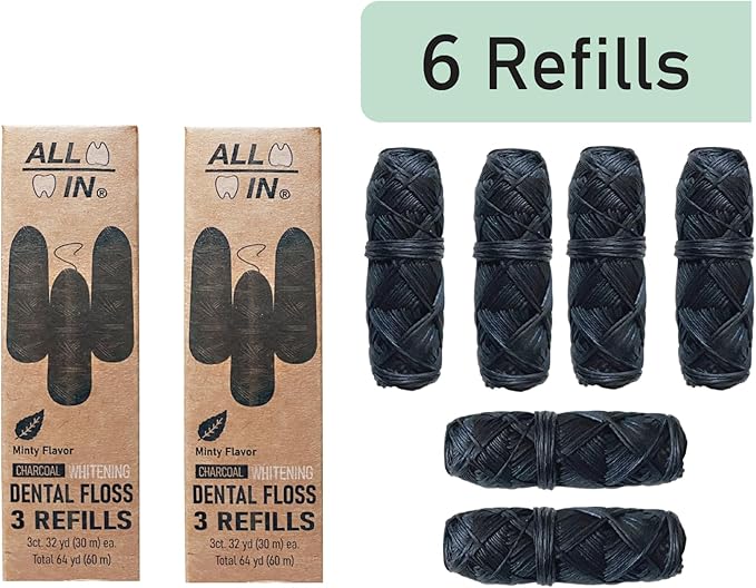 ALL IN Charcoal Floss Refills 6 x 32 Yds Each - Activated Charcoal Dental Floss Refills Only - Unique Stocking Stuffer - BPA Free, Plant Based No PFAS Mint Floss for Plaque Removal, Fresh Breath (6)