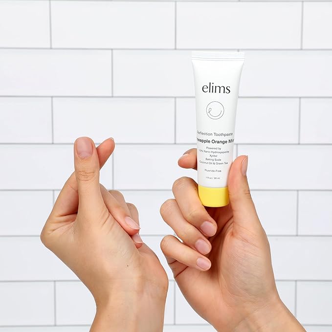 ELIMS Travel Size 10% Nano-Hydroxyapatite Toothpaste Fluoride Free - Xylitol Remineralizing Toothpaste for Whitening Sensitive Teeth - Orange Pineapple Mint Toothpaste for Adults & Kids 1oz