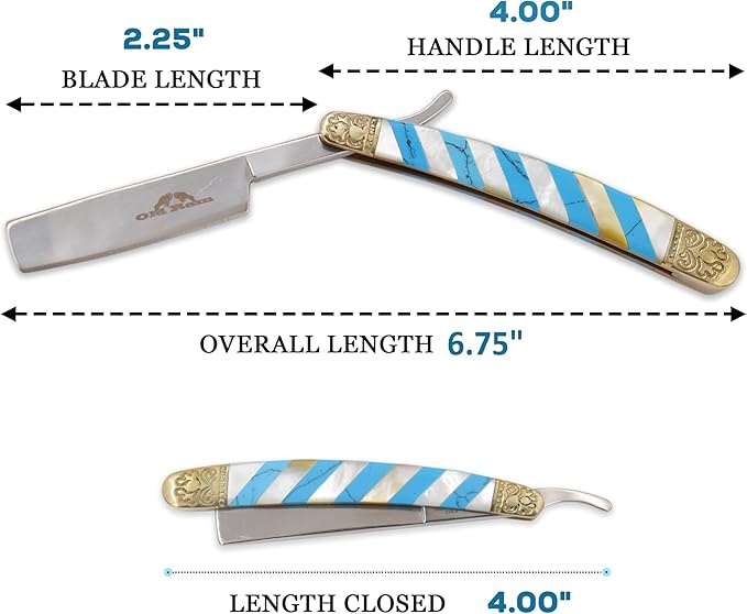 6.75" Straight Edge Razor – Stainless Steel Manual Folding Blade with Mother of Pearl Style Mosaic Handle and Engraved Brass Bolsters