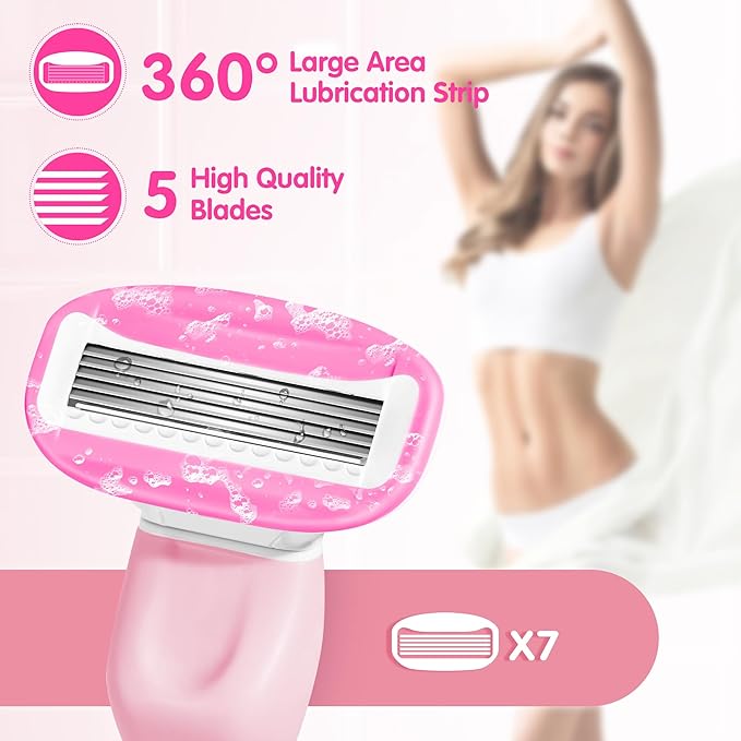 Razors for Women Include 1 Non-Slip Metal Handle and 7 Blade Refills, 5 Premium Blades Women's Razors for Shaving with 360° Lubrication Reduces Irritation, Pink