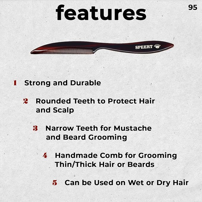 #95 Handmade Narrow Tooth Mustache Beard Comb Small Tortoise Havana Acetate Thick Coarse Fine Short Pocket Sized Facial Hair Grooming Tangle Free Beard Straightener Growth Care Styling Wet Comb