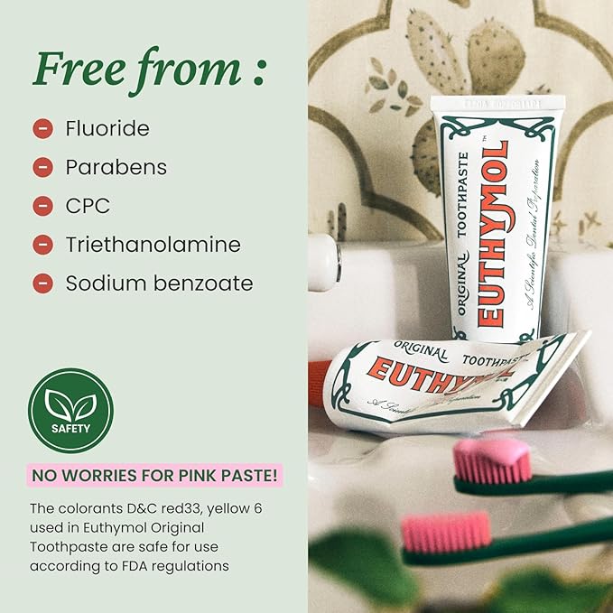 EUTHYMOL Original Pink Toothpaste (3.7fl oz * 2ea/Pack of 2) - Fluoride-Free Toothpaste for Sensitive Teeth & Gum. Bad Breath, Cavity Prevention, 12-Hour Long Lasting Freshness with Wintergreen